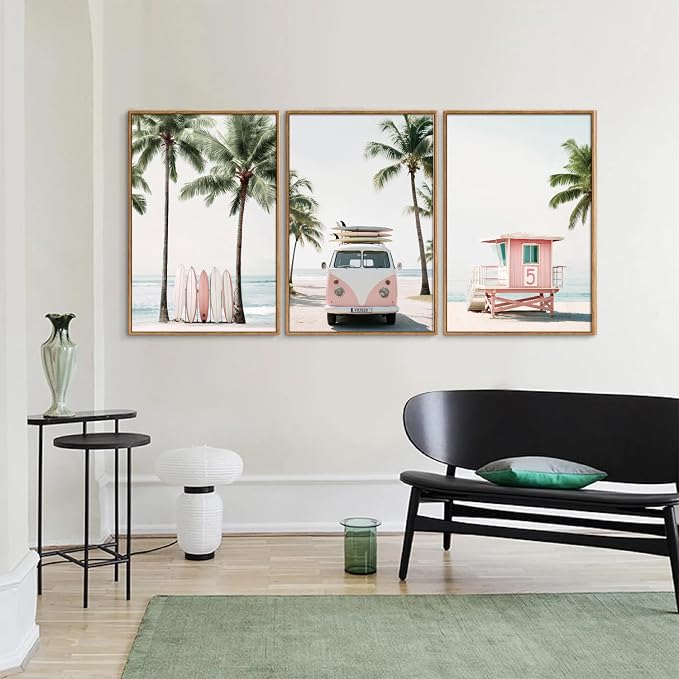 KYLESONLIE Tropical Beach Themed Framed Canvas Wall Art, Pastel Girly Surfboard Wall Decor, Relaxing Hawaii Palm Tree Posters, Coastal Beachy Art Paintings for Girls Bedroom Living Room Dorm 24"x36"x3