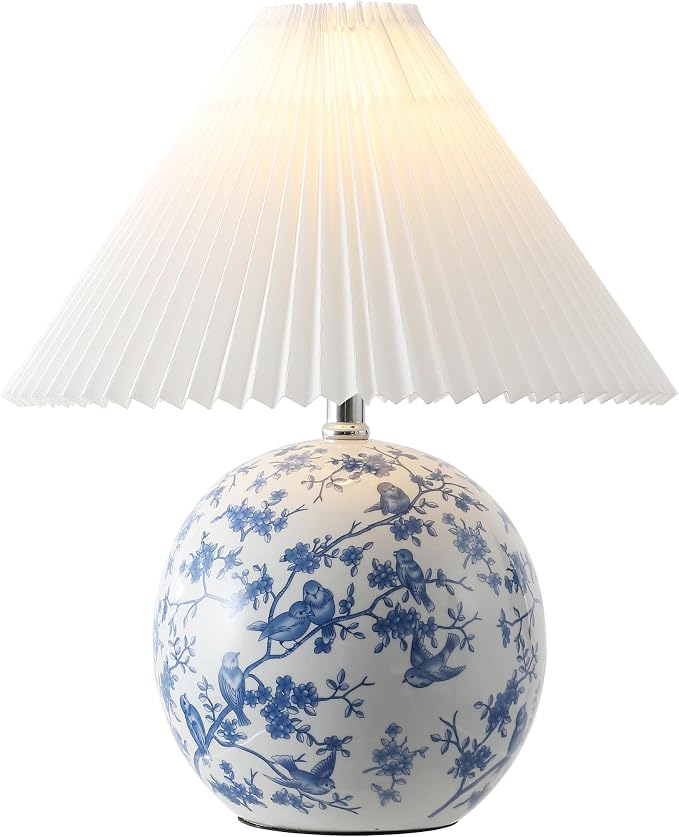JONATHAN Y 19.5" White/Blue Shishen Chinoiserie Ceramic Table Lamp, Traditional Hand-Painted Floral Cottage Lamp with White Pleated Linen Shade, LED Bulb Included (JYL5056B)