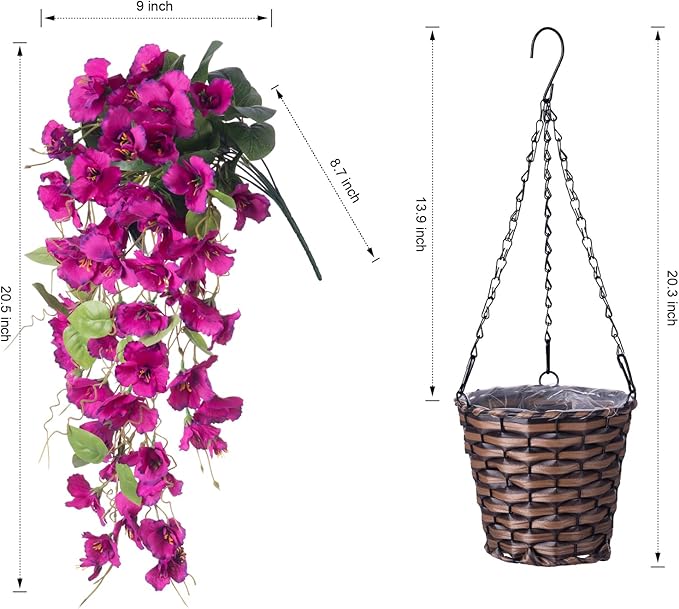Artificial Fake Hanging Hibiscus Flowers Plants Baskets for Outdoor Decoration, Faux Silk Hibiscus Long Vines in Planter UV Resistant Realistic Flowers for Outside Porch Patio Home Decor(Purple 2)