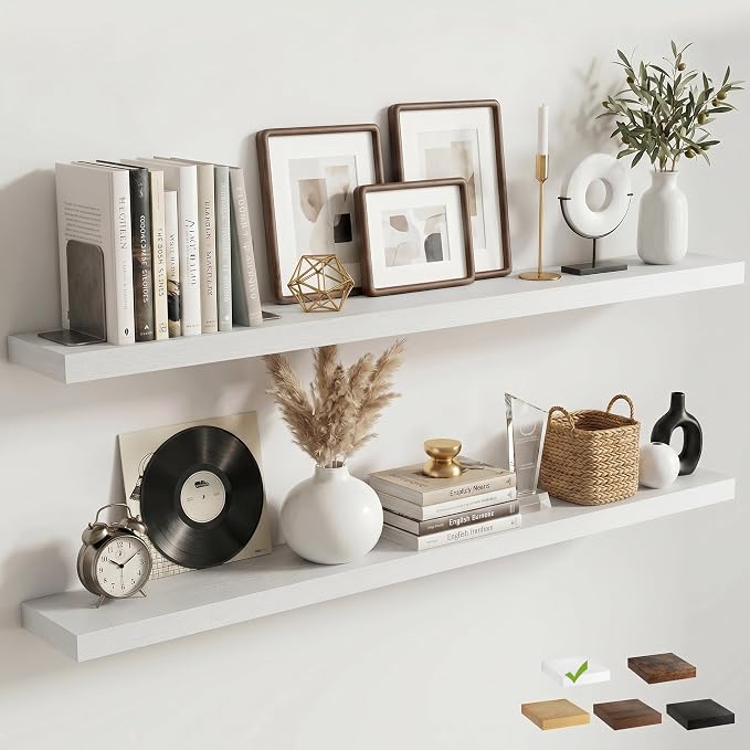 Venusmiles Floating Shelves for Wall, 55 Inch Floating Shelves Set of 2, 6.5" D Wooden Wall Mounted Display Shelves with Invisible Brackets for Living Room, Bedroom, Bathroom, Kitchen Decor, White