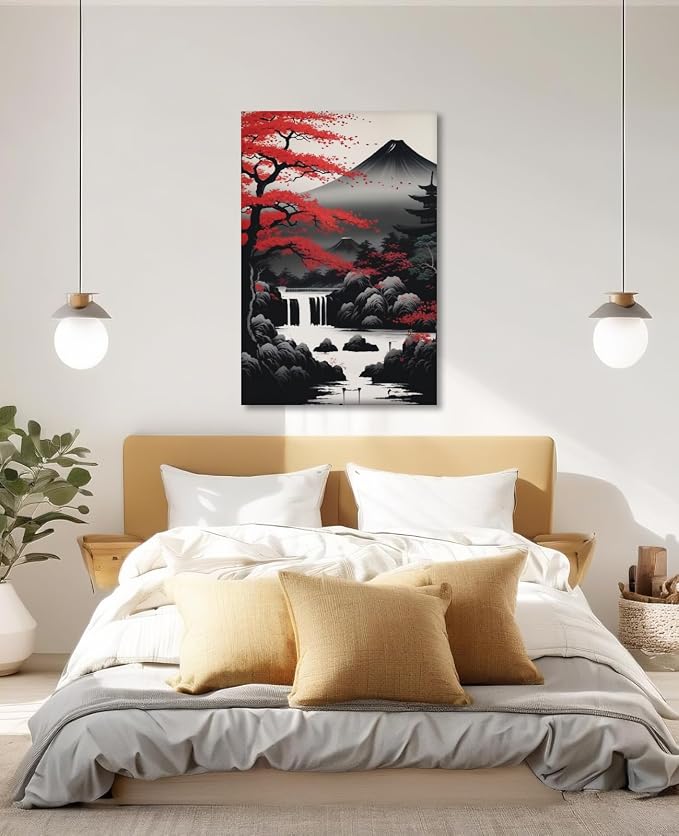 KPLUNDO Japanese Wall Art Asian Landscape Canvas Prints Red and Black Cherry Blossom Trees Picture Vintage Painting for Bathroom Living Room Bedroom Home Wall Decor(Art-2,12.00x18.00 inch)