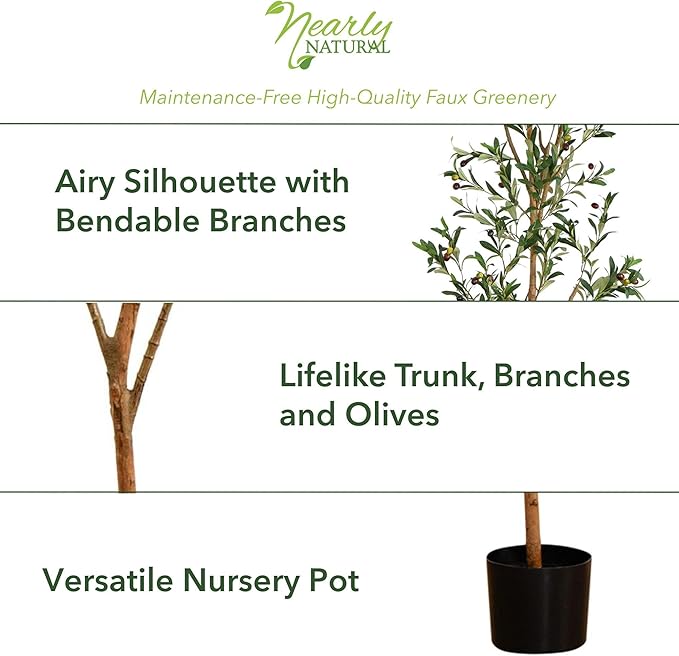 Nearly Natural Olive Tree Artificial Indoor 4FT Tall Silk Faux Olive Tree for Home and Office Decor, Fake Potted Olive Tree with Natural Wood Trunk, Realistic Olive Tree Branches and Lifelike Fruits