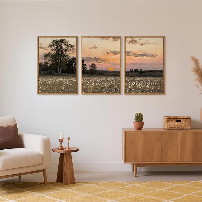 TOARTi Large Framed Countryside Landscape Canvas Wall Art, Wildflower Sunset Fireflies Painting Art Prints,Vintage Farmhouse Natural Scenery Wall Decor for Living Room Bedroom Office-24”x35”x3