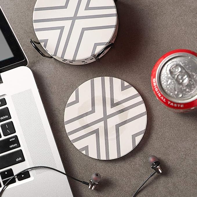LIFVER 6 Piece Absorbent Coaster Set with Holder + LIFVER Coasters for Drinks, White Marble-Style Absorbent Coasters with Holder