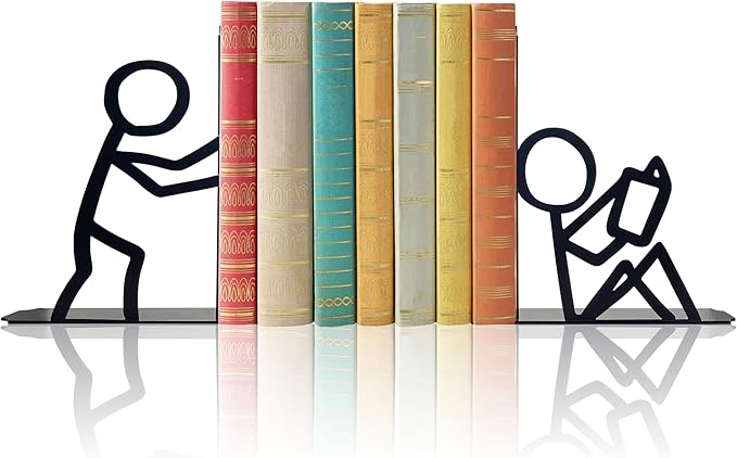 Bookends Decorative Metal Unique Office Desk Bookends Cute Book Ends Reading Decor Bookshelf Decor for Office School Library Bedroom, Book Lovers Gift