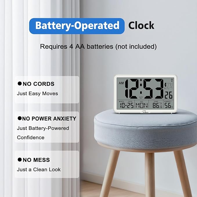WallarGe Atomic Wall Clock with Backlight, Digital Wall Clock Battery Operated for Classroom, Bedroom, Office, Large Display with Indoor Temperature, Humidity, Date, AUTO DST, 6 Time Zones