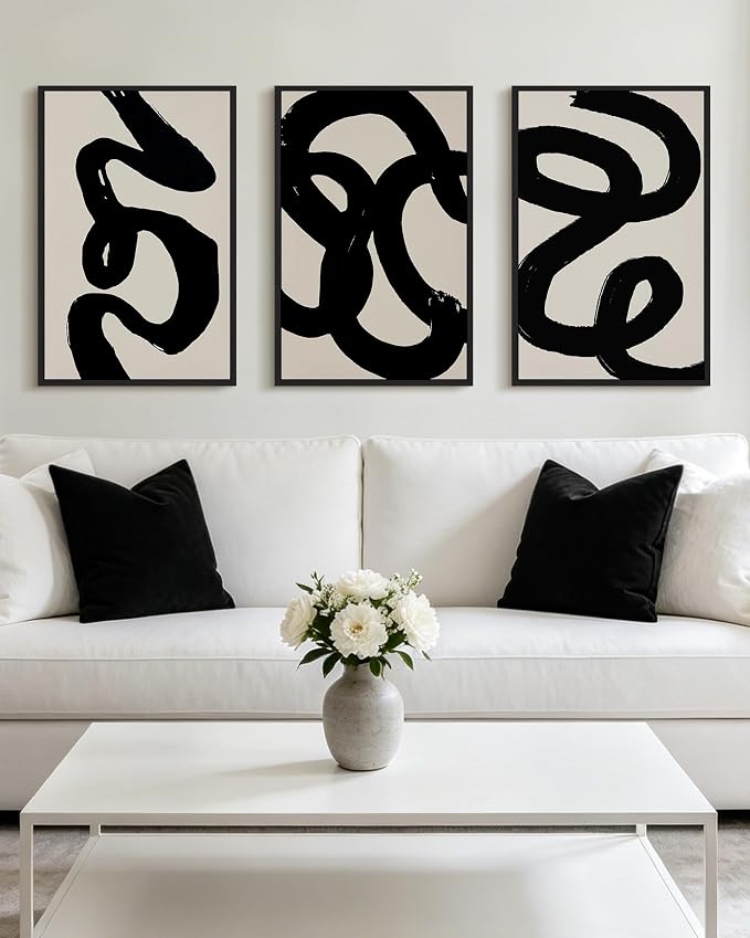 PHOPAGO Black Abstract Modern Framed Wall Art Large 16x24in Ink Wash Minimalist Thick Black Lines Paints Artwork Bedroom Living Room Home Decor - Black Framed