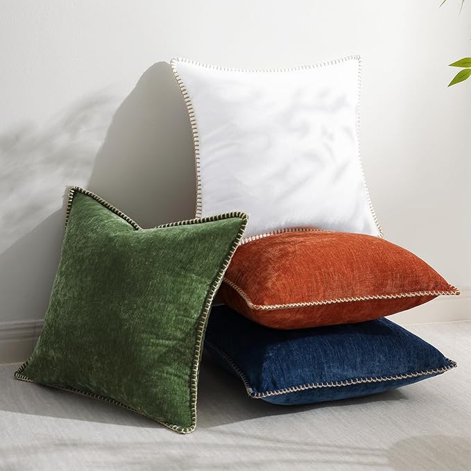decorUhome Chenille Soft Cozy Throw Pillow Covers 24x24 Set of 2, Modern Farmhouse Boho Velvet Decorative Euro Sham Pillow Cases with Stitched Edge for Couch Sofa Bed Home Decor, Forest Green