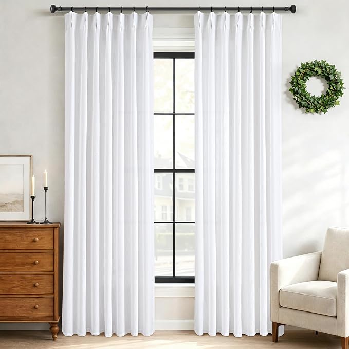 Pinch Pleated White Curtains 100 inch Length for Living Room 2 Panels Light Filtering Semi Sheer White Linen Drapes Modern Elegant Coastal Decor Aesthetic Memory Shape Window Curtain 100 inches Long