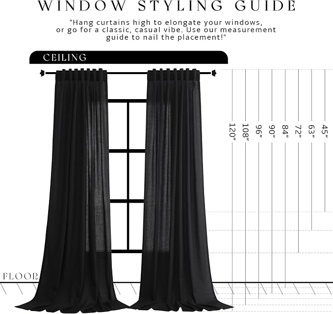 Jowels Black Linen Curtains 108 Inch Long 2 Panels for Living Room | Light Filtering Semi Sheer Curtain, Back Tab Pocket Pleated Look, Boho Farmhouse Textured Privacy Drapes for Bedroom Window