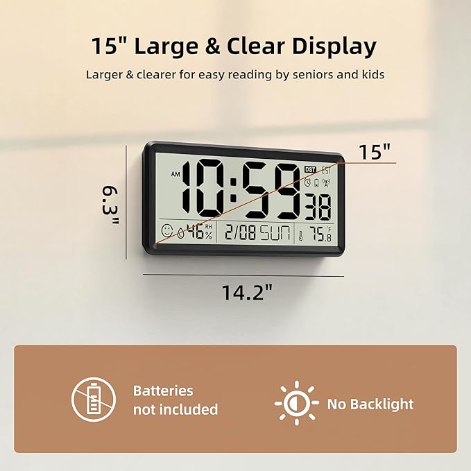 EASYERA 15'' Large Digital Wall Clock Battery Operated, Atomic Clock with Indoor Temperature and Humidity, Self-Setting with Auto DST, for Kitchen, Classroom, Living Room (Batteries Not Included)
