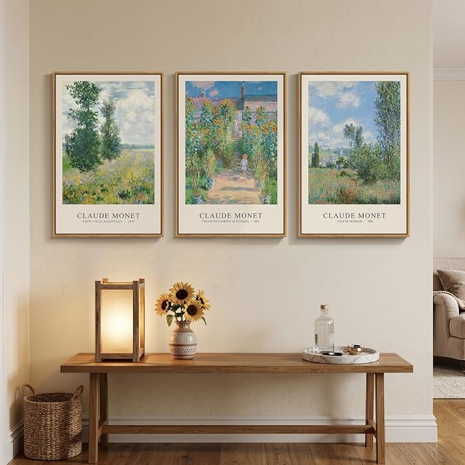 3 Piece Framed Monet Landscape Wall Art for Living Room, Vintage Impressionist Nature Canvas Prints Painting, Classic Tree Picture Artwork Decor for Bedroom Hallway 16x24 Inch