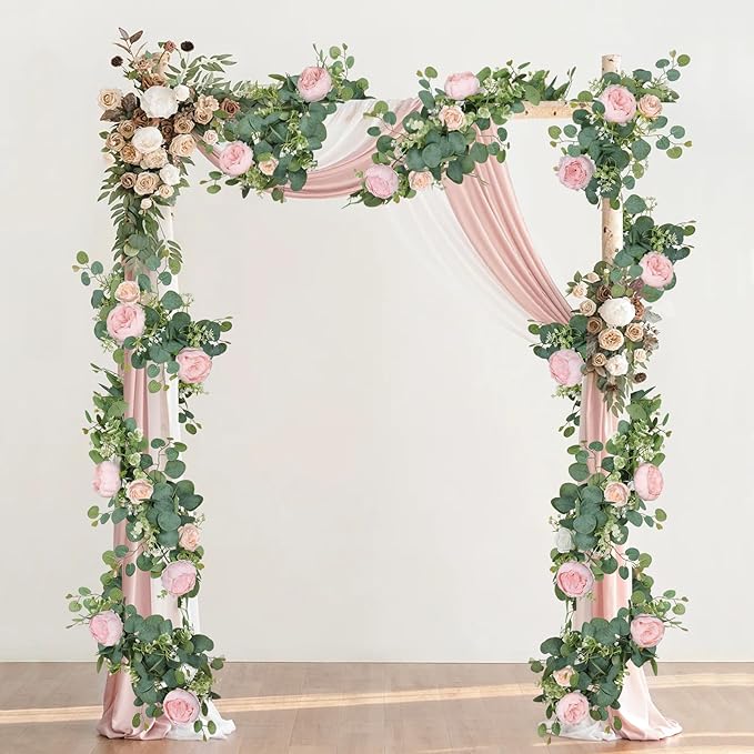 SOMYTING Artificial Flower Garlands Eucalyptus Garlands with Flowers Rose Peony Flower Vine Faux Floral Garland for Wedding Party Arch Table Wall Backdrop Decoration (Light Pink, 4PCS)