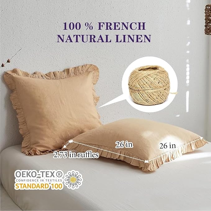 Simple&Opulence 100% Linen Euro Sham Covers with Ruffle, 26x26 Inch Pillow Covers Set of 2, Euro Pillow Shams for Bed Couch French Home Decor Luxury and Breathable Square Pillow Cases, Sand