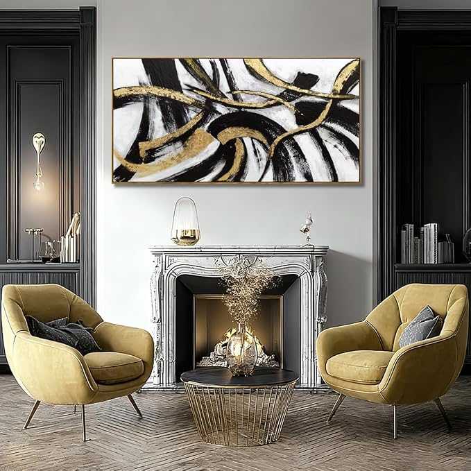 Black And Gold Abstract Framed Wall Art Minimalist Lines Painting Artwork Modern Picture Prints Large Wall Decor 24"x48"