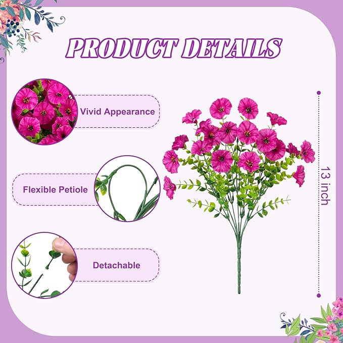 Hrobek Artificial Flowers for Outdoors Decoration, 12 Bundles Fake Plastic Flower Plant, Faux Colorful Silk Morning Glory Eucalyptus for Outside Garden Porch Front Door Decor, Purple