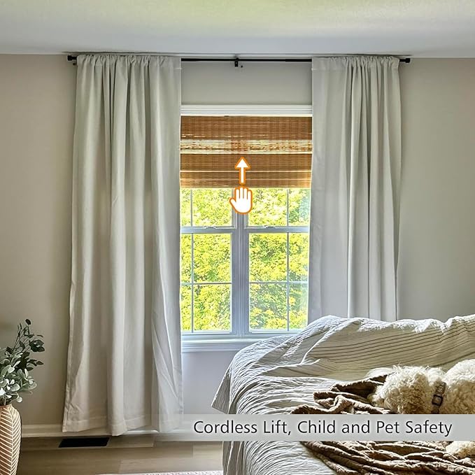 LETAU Cordless Wood Window Shades Blinds, Bamboo Sheer Light Filtering Woven Roman Shades, Walnut Beige, 26" W x 64" L