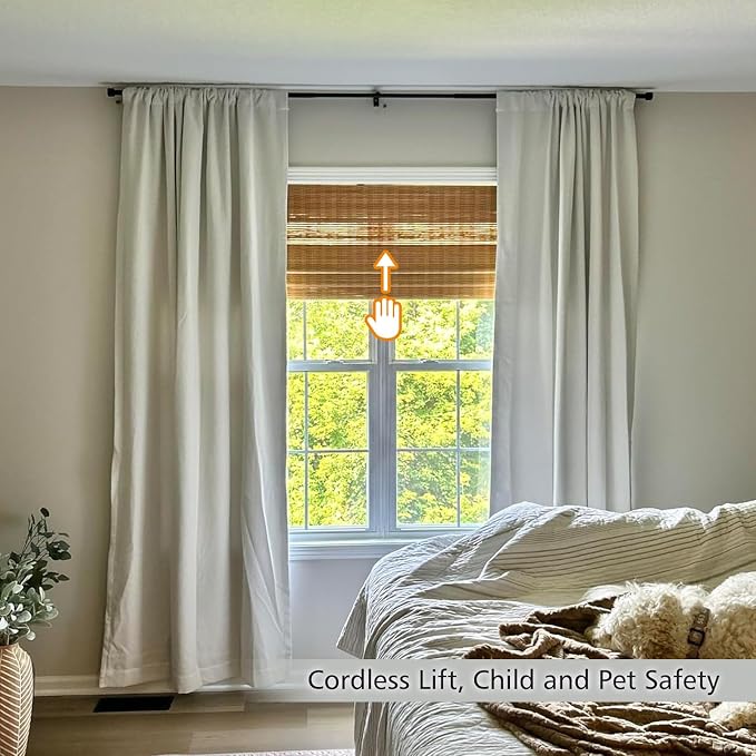 LETAU Cordless Wood Window Shades Blinds, Bamboo Sheer Light Filtering Woven Roman Shades, Walnut Beige, 30.5" W x 64" L