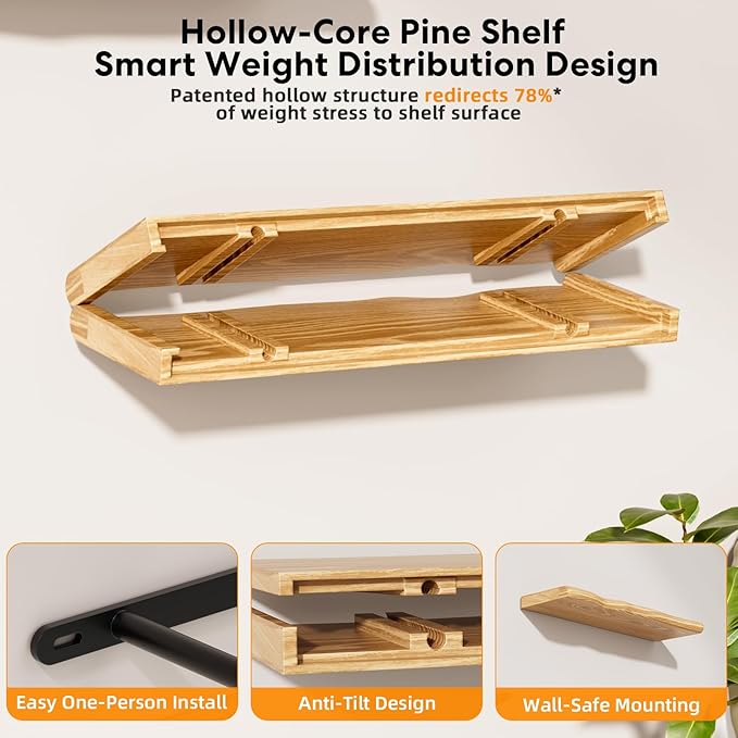 Floating Shelves for Wall Rustic Farmhouse 55 Inch Floating Shelf Bathroom Wooden Shelves for Wall Mounted Live Edge Pine Shelf with Unique Natural Grain for Living Room Bedroom Kitchen (Natural)