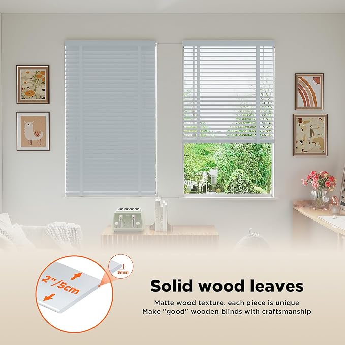 2" Slats Wood Blinds for Indoor Windows: Wooden Blackout Blinds & Shades,Black Out Privacy Horizontal Blinds for Home Bedroom Bathroom Living Room Windows White 39.5" WX 48" H