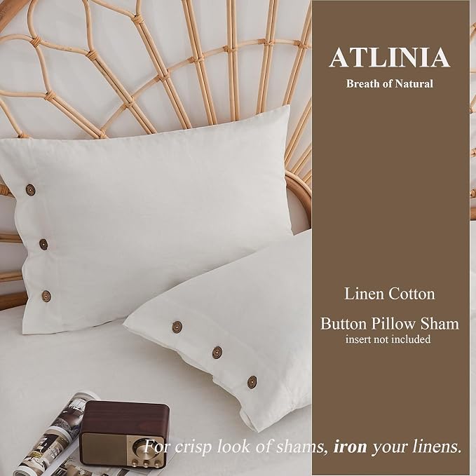 ATLINIA Linen Pillow Cases Euro Sham - 26"x 26" Pillowcase Set of 2, Button Closure Cooling Breathable Square Pillow Cover, Bed Flax Linen Cotton Blend Farmhouse Netural Pillow Sham Cream Color