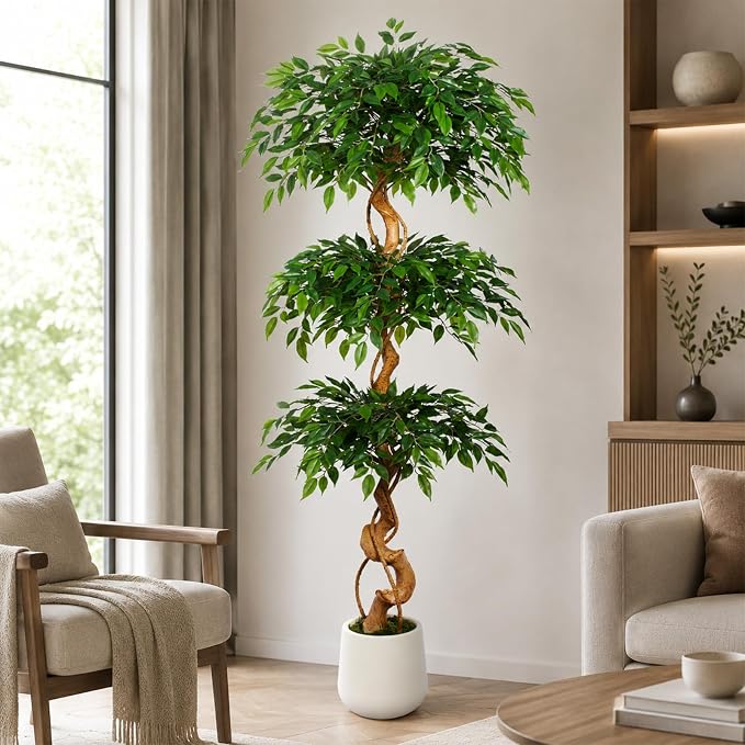 6FT Artificial Ficus Tree, 72in Fake Silk Tree with Natural Curved Trunk & 1860 Lush Leaves, Floor Faux Plant with White Pot, Low Maintenance Decor for Home, Office, Patio