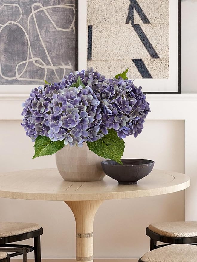 ZYTUYO 4 Pcs 20'' Gray Purple Real Touch Hydrangea Artificial Flowers Vintage Lifelike Latex Hydrangeas Long Stem for Boho Home Decor Porch Outdoor Wedding Kitchen Xmas Table Centrepiece