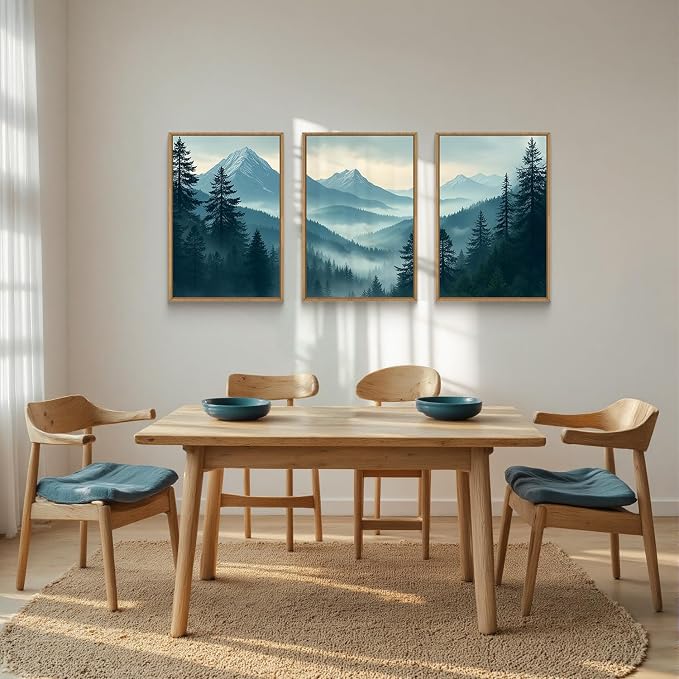 Large Misty Mountain Forest Framed Canvas Wall Art,Nature Pine Tree Wall Decor,Foggy Snow Woodland Painting,Watercolor Scenery Artwork for Living Room,Bedroom,Dining Room,Office -16"x24"x3