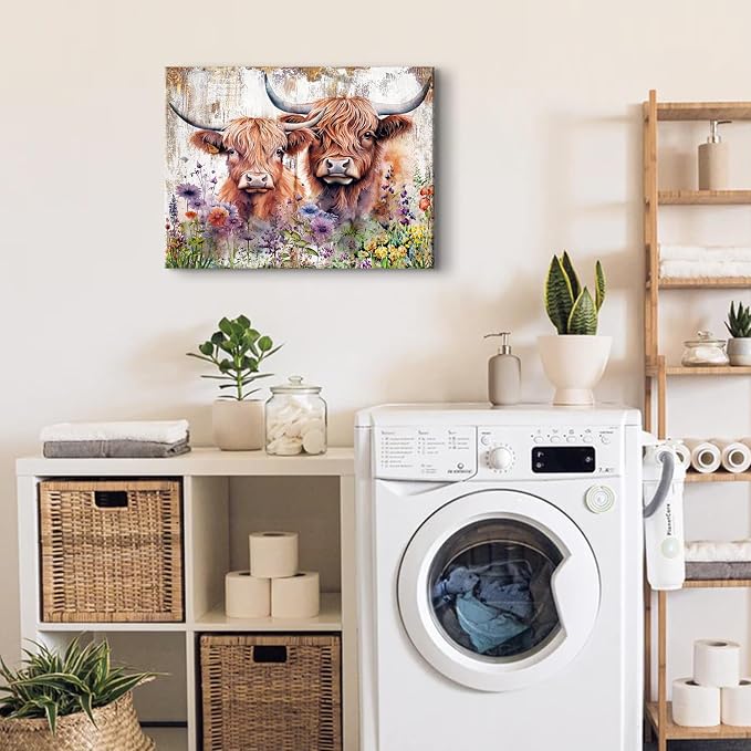 Rustic Cow Pictures Wall Decor Bathroom Farmhouse Highland Cow Wall Art Living Room Vintage Wildflower Cattle Poster Bedroom Farm Animal Canvas Prints Modern Artwork Kitchen Over Bed Decoration 16x24”