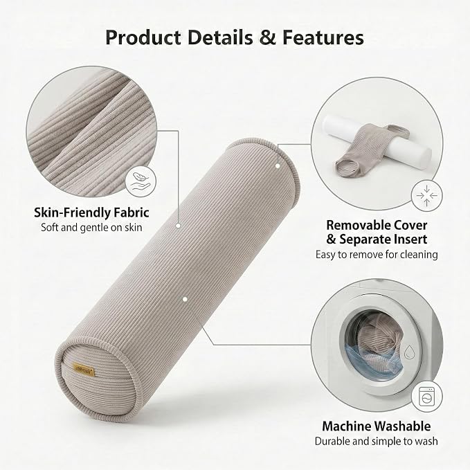 Long Pillow for Bed – Corduroy Round Bolster Pillow for Adults, Decorative Body Pillow for Sleeping or Sofa Support,39 x 7.87 Inches,Beige Gray