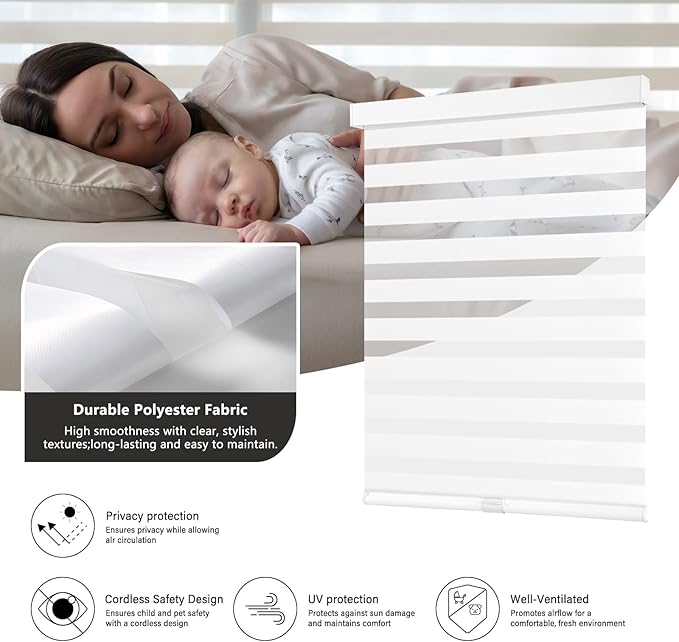 AOSKY Cordless Zebra Blinds for Windows Pull Down Roller Window Shades Dual Layer Light Filtering Privacy for Day and Night, Free-Stop Door Shades for Home Easy to Install (36" W X 64" H, White)