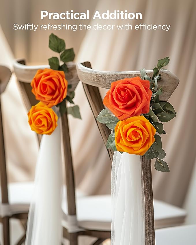 InnoGear Artificial Flowers, 50 Pcs Shades of Orange Foam Fake Roses Bulk with Stems for Autumn Fall Decoration DIY Wedding Bouquets Centerpieces Bridal Shower Party Christmas Tree