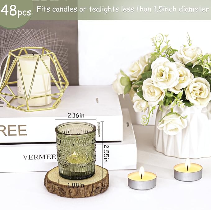 48 Pcs Green Glass Votive Candle Holders, Tealight Candle Holders for Table Centerpieces, Vintage Candle Holder Bulk, Boho Wedding, Home, Bridal Shower, Birthday Party Table Decor (Green)