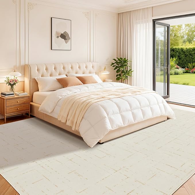 LIANLAM Washable Rug Area Rugs for Living Room - Stain Resistant Non-Slip Backing Boho Rug for Bedroom,Durable & Ultra-Thin Vintage Large Area Rug(10' x 14',White)