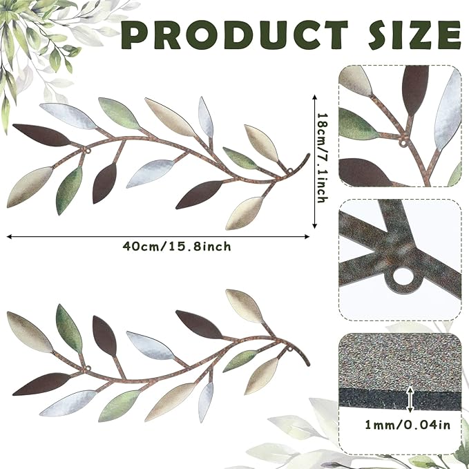Zhengmy 2 Pieces Metal Tree Leaf Wall Decor Vine Olive Branch Leaf Wall Art Living Room, Hallway Wall Decor Outdoor Decoration(Colorful)