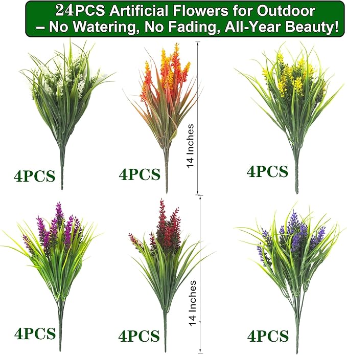 Grunyia Artificial Lavender Plants with Mixed Color Flowers, 20 Bundles, Outdoor Decorative Grass