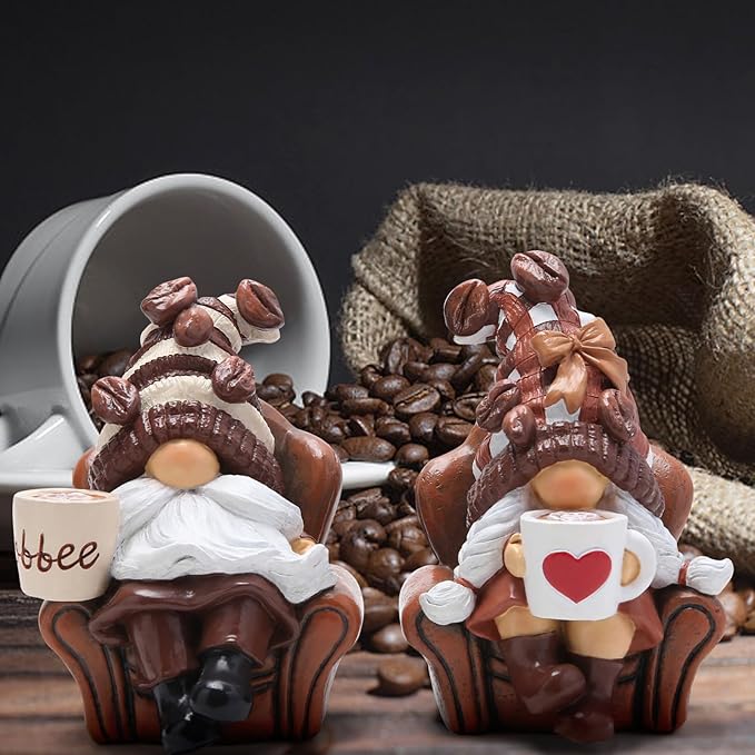 Hodao 2PCS Coffee Gnomes Coffee Bar Decor Accessories Spring Summer Swedish Tomte Elf Dwarf Figurines Leisure Time Gnomes Gift Tasteful Company on The Couch Indoor Home Decorations (Coffee1)