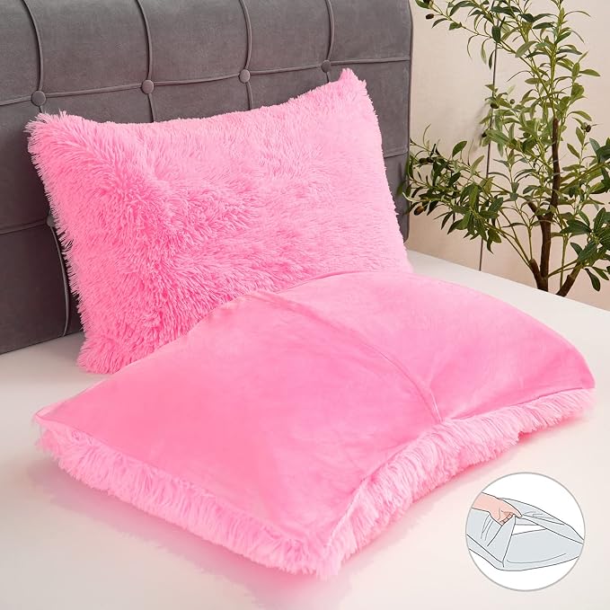 Fluffy Plush Pink Duvet Cover Set Queen Size, Luxury Soft Velvet Fuzzy Comforter Cover Bed Sets 4Pcs(1 Faux Fur Duvet Cover + 2 Pillow Cases + 1 Pillow Cover) Zipper Closure (Queen, Light Pink)