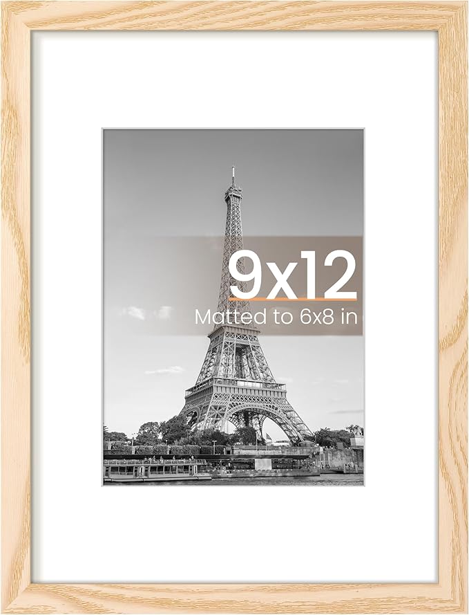 upsimples 9x12 Picture Frame, Display Pictures 6x8 with Mat or 9 x 12 Without, Wall Hanging Photo Frames, Natural, 1 Pack