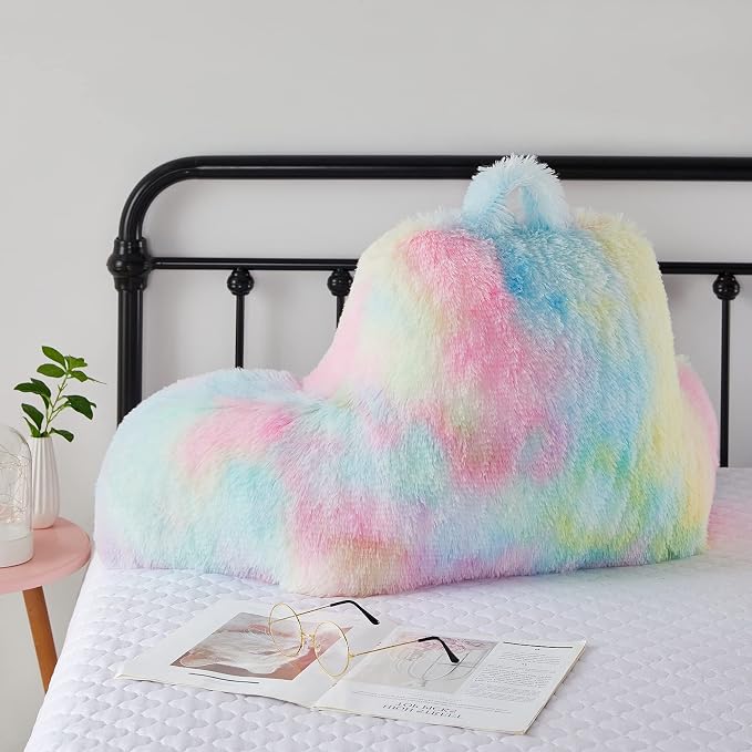 Faux Fur Backrest Pillow for Kids, Teen Reading Pillow with Arms, Fluffy Back Support Pillow for Sitting Up in Bed/Couch, Bed Wedge Pillow for Girls, Reading & Bed Rest Pillows (Pink)