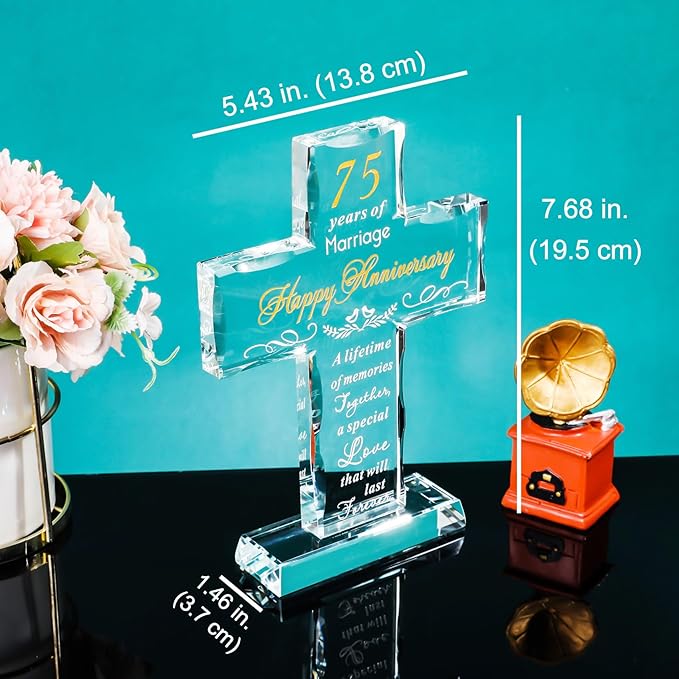 YWHL 75th Anniversary Cross Gifts for Parents Grandparents, Laser Carved 75 Years of Marriage Cross Decoration, 75 Years Wedding Anniversary Keepsake for Couple