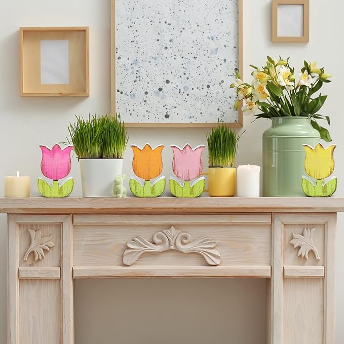 Whaline 4Pcs Spring Tulips Wood Signs Table Decor - Retro Spring Flowers Table Centerpiece Rustic Farmhouse Floral Tiered Tray Decor Tulip Block Wooden Signs for Home Tabletop Decor