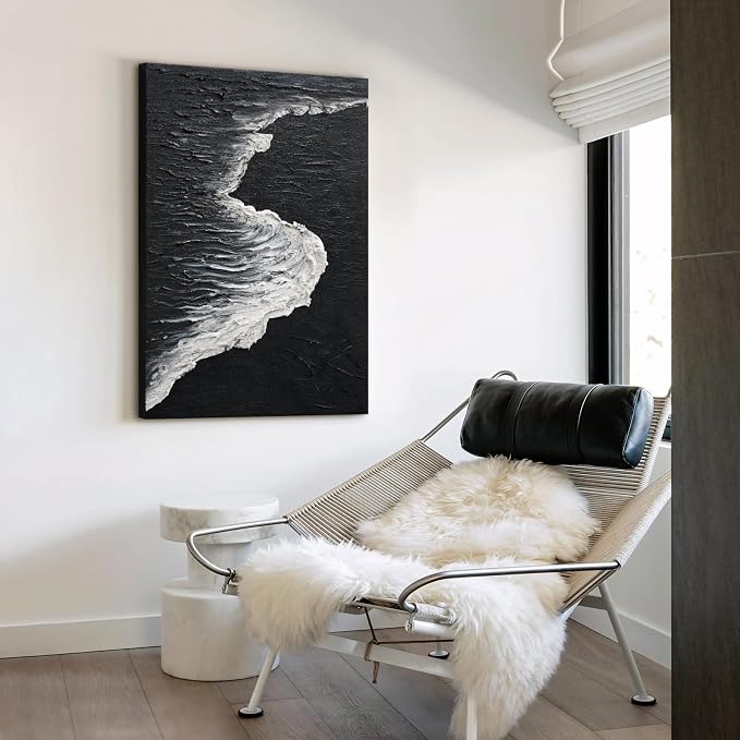 Abstract Black & White Ocean Wave Wall Art, Vertical Textured Oil Painting | Hand-Painted Modern Minimalist Artwork for Living Room Bedroom Office, Large Coastal Wall Decor Inspired by Shoreline Rhythm