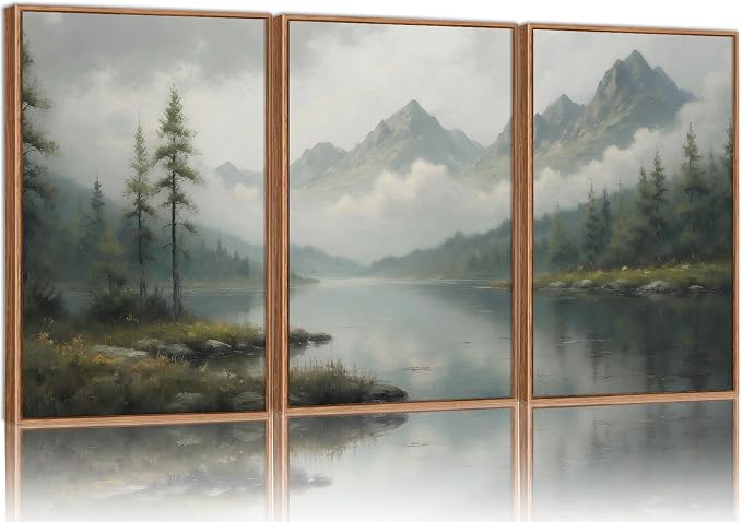 SIGNINART Large Green Forest Framed Canvas Wall Art Set, Misty Mountain Lake Wall Decor, Modern Foggy Wood Landscape Artwork, Nature Oil Painting Art Print for Living Room, Bedroom, Office 24"x36"x3