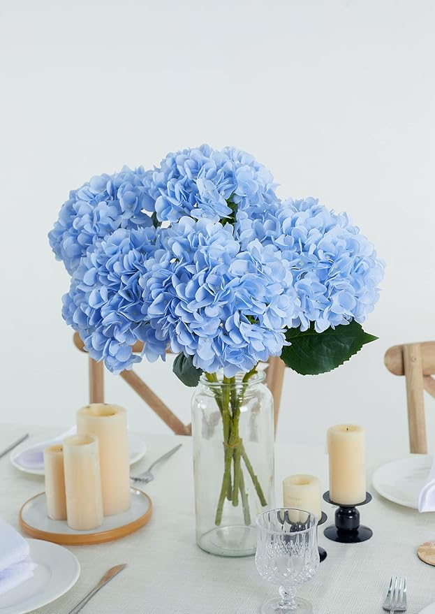PARTY JOY 5PCS 15.4In Artificial Hydrangea Silk Flowers Bouquet Faux Hydrangea Stems for Wedding Centerpieces Home Decor (Light Blue)