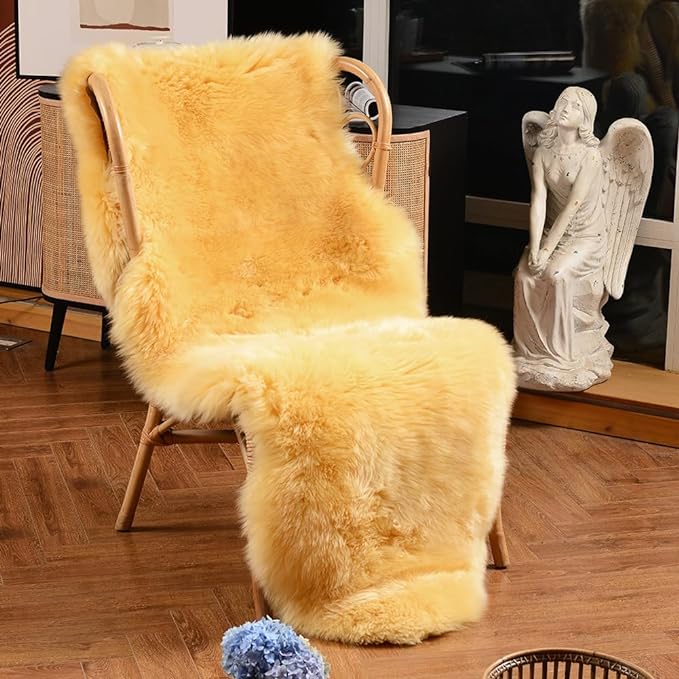 LLB Genuine Sheepskin Area Rug Wool Rug Fur Carpet Fluffy Shaggy Fur Rug for Living Room Kids Bedroom Real Sheepskin Throw Lambskin Rugs Sofa Mat Chair Seat Covers (Yellow, 2 x 6 ft Sheepskin)