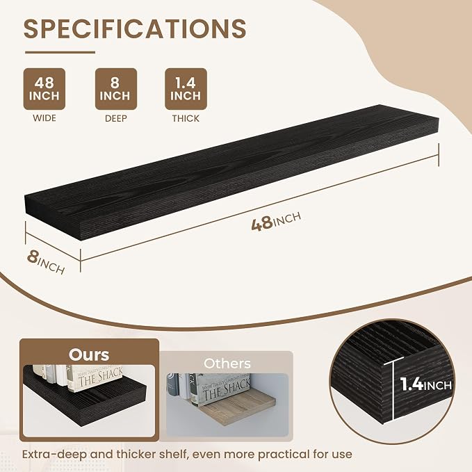 Dreamland 48 Inches Floating Shelves for Wall, 8" Deep Long Floating Shelves Set of 1, Large Display & Storage Shelf, Wall Shelf for Bathroom Bedroom Living Room Kitchen Office, Black
