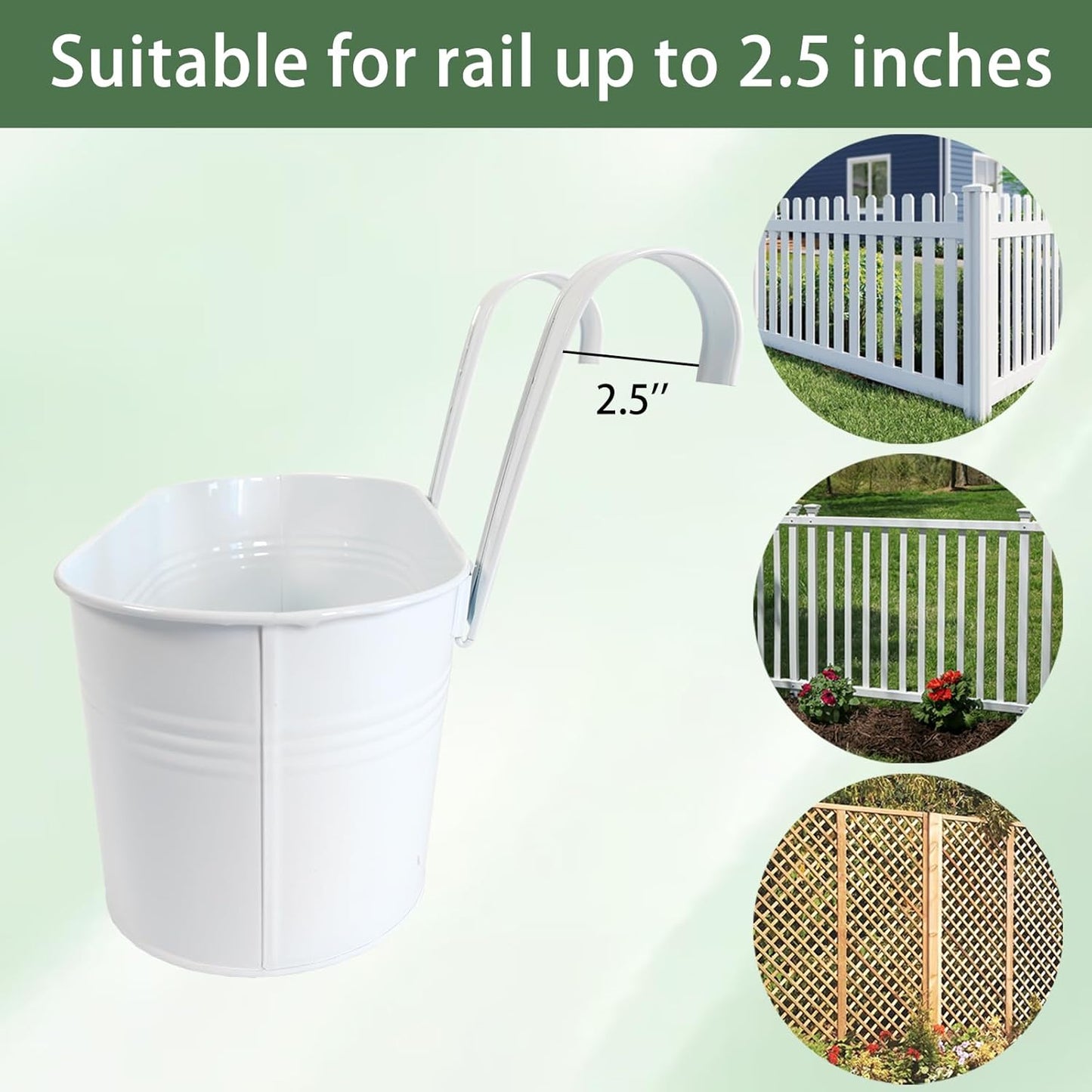 10" Hanging Flower Pots, Pack of 8 White Metal Outdoor Patio Balcony Planter, Railing Planters Fence Pot with Detachable Hook & Drainage Hole for Small Plants (White, 8Pcs)