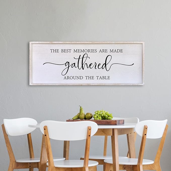 The Best Memories Are Made Gathered Around The Table Wall Decor 40"x15" Large Rustic Farmhouse Dining Room Wood Framed Modren Signs Kitchen Home Simple Hanging Wall Art (White)