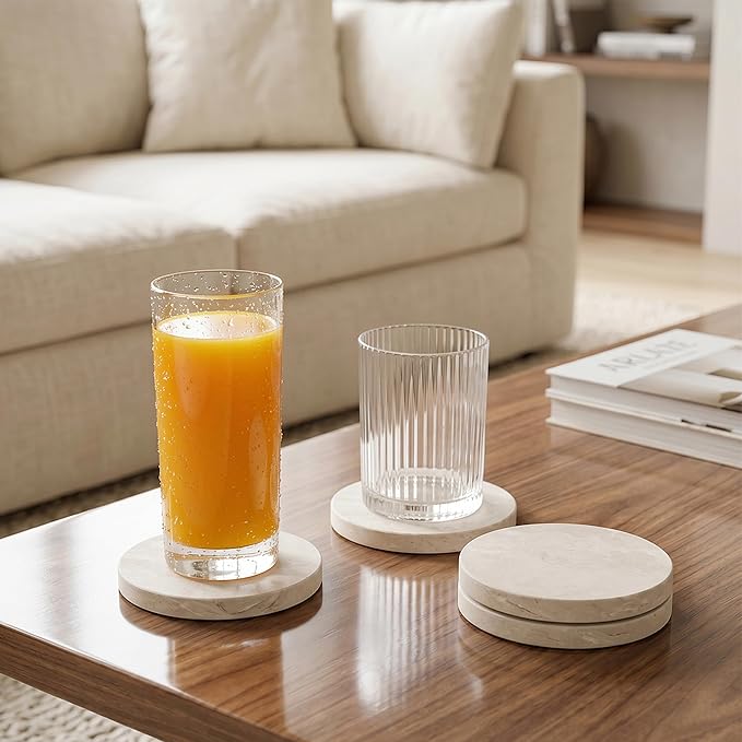 Natural Marble Coasters Set of 4-4" Round Stone Drink Coasters, Non-Slip Cork Backing, Housewarming Gift, Wedding, Protect Tables from Stains & Scratches Cream Grey (WH117)